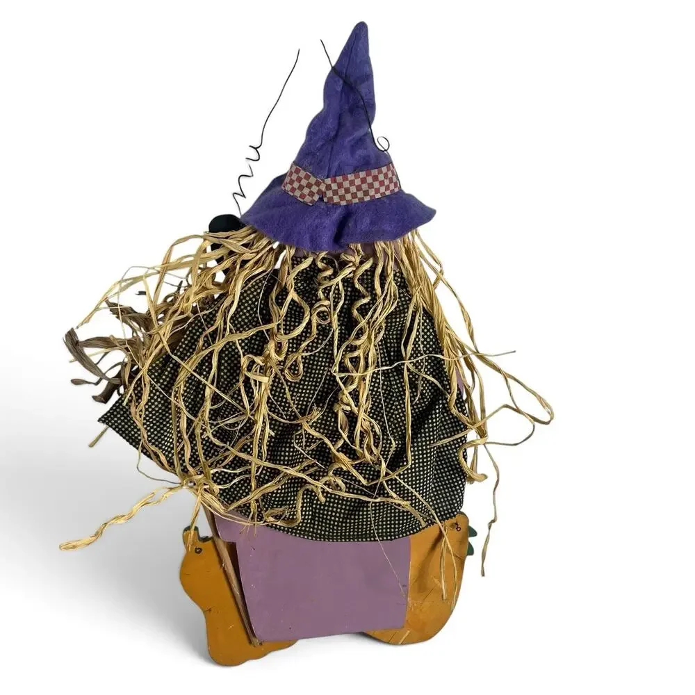 Vintage Halloween Witch Black Cat Pumpkin Wall Hanging Primitive Folk Art Kitsch
